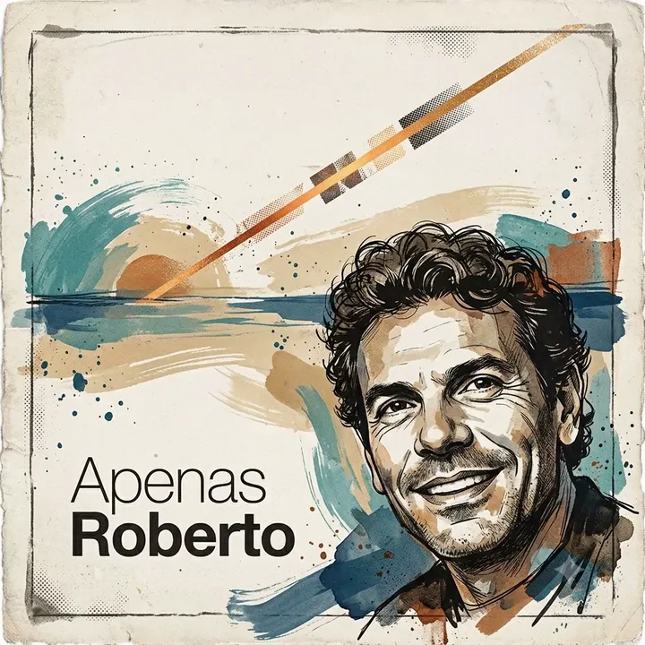 Capa da música Apenas Roberto: ilustração do Roberto sorrindo diante do mar, com pinceladas em azul e laranja